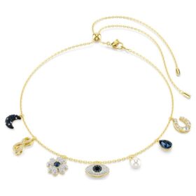 Girocollo Symbolica con perla di cristallo, luna, Infinity, quadrifoglio, occhio malvagio e ferro di cavallo, blu, placcato oro