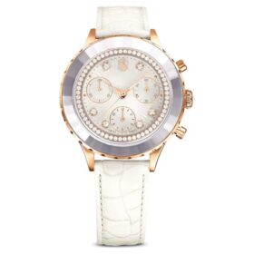 Octea Chrono Watch Swiss Made, cinturino in pelle, bianco, finitura color oro rosa