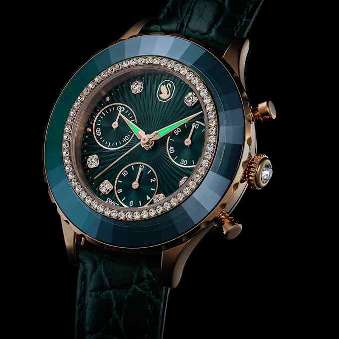 Octea Chrono Watch Swiss Made, cinturino in pelle, verde, finitura color oro rosa Octea Chrono Watch Swiss Made, cinturino in pelle, verde, finitura color oro rosa