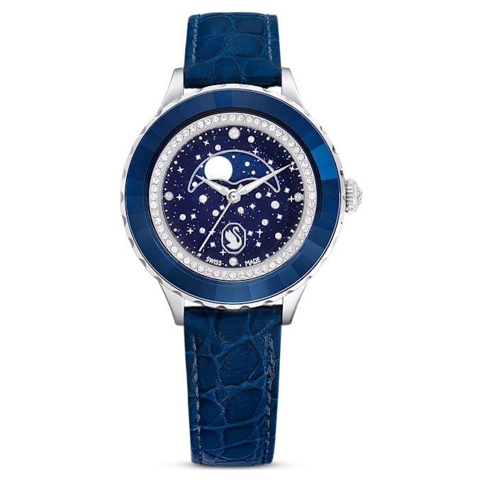 Octea Moon Watch Swiss Made, Luna, cinturino in pelle, blu, acciaio inossidabile Octea Moon Watch Swiss Made, Luna, cinturino in pelle, blu, acciaio inossidabile