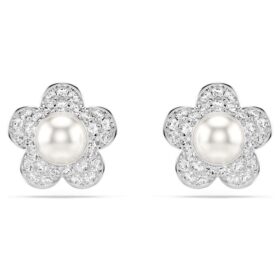 Orecchini a bottone Ariana Grande X Swarovski con perla di cristallo, taglio rotondo, fiore, bianco, placcati in rodio