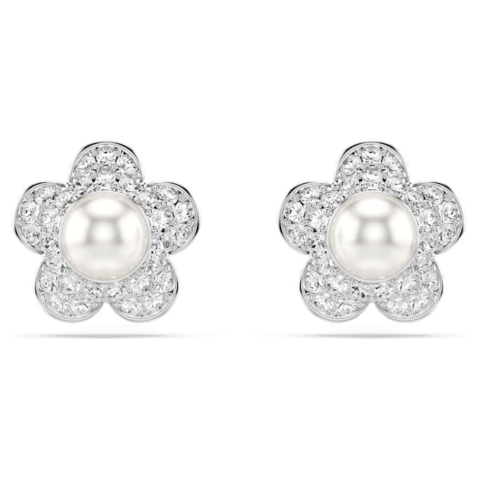 Orecchini a bottone Ariana Grande X Swarovski con perla di cristallo, taglio rotondo, fiore, bianco, placcati in rodio Orecchini a bottone Ariana Grande X Swarovski con perla di cristallo, taglio rotondo, fiore, bianco, placcati in rodio