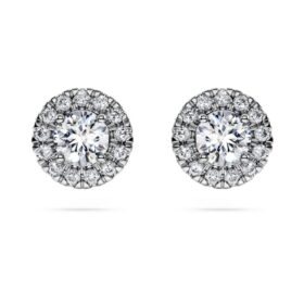 Orecchini a bottone Eternity Halo con diamanti sintetici 0,75 carati in totale, forma rotonda, oro bianco 14K