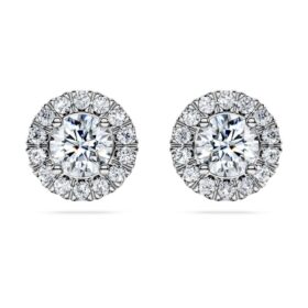 Orecchini a bottone Eternity Halo con diamanti sintetici da 2 Ct in totale, forma rotonda, oro bianco 14K