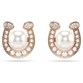 Orecchini a bottone Symbolica con perla di cristallo, pavé, ferro di cavallo, bianco, placcati in oro rosa