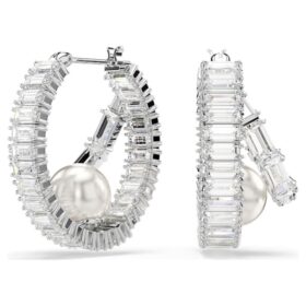 Orecchini a cerchio Ariana Grande X Swarovski con perla di cristallo, taglio baguette, bianchi, placcati in rodio