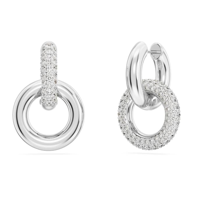 Orecchini a cerchio Dextera, design asimmetrico, anelli intrecciati, bianchi, placcati in rodio Orecchini a cerchio Dextera, design asimmetrico, anelli intrecciati, bianchi, placcati in rodio