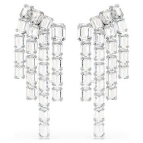 Orecchini a clip Millenia con taglio ottagonale, stile chandelier, bianchi, placcati in rodio