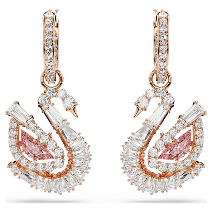 Orecchini a goccia a forma di cigno con pavé, cigno, rosa Orecchini a goccia a forma di cigno con pavé, cigno, rosa