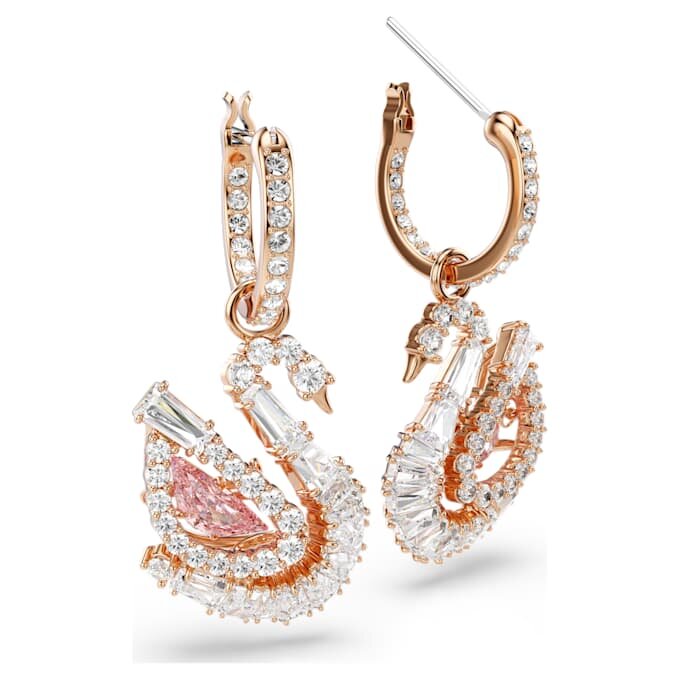 Orecchini a goccia a forma di cigno con pavé, cigno, rosa Orecchini a goccia a forma di cigno con pavé, cigno, rosa