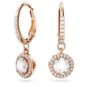 Orecchini a goccia Una Angelic, taglio rotondo, pavé, bianchi, placcati in oro rosa