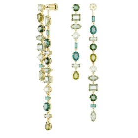 Orecchini pendenti Gema: design asimmetrico, tagli misti, extra lunghi, verdi, placcati in oro