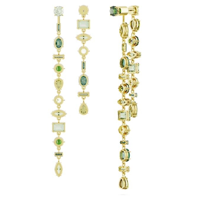 Orecchini pendenti Gema: design asimmetrico, tagli misti, extra lunghi, verdi, placcati in oro Orecchini pendenti Gema: design asimmetrico, tagli misti, extra lunghi, verdi, placcati in oro