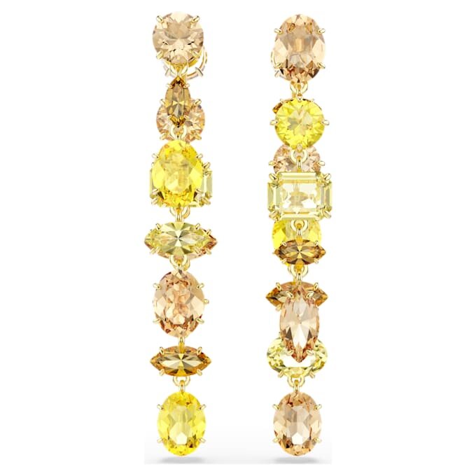 Orecchini pendenti Gema, design asimmetrico, tagli misti, lunghi, giallo, placcati in oro Orecchini pendenti Gema, design asimmetrico, tagli misti, lunghi, giallo, placcati in oro