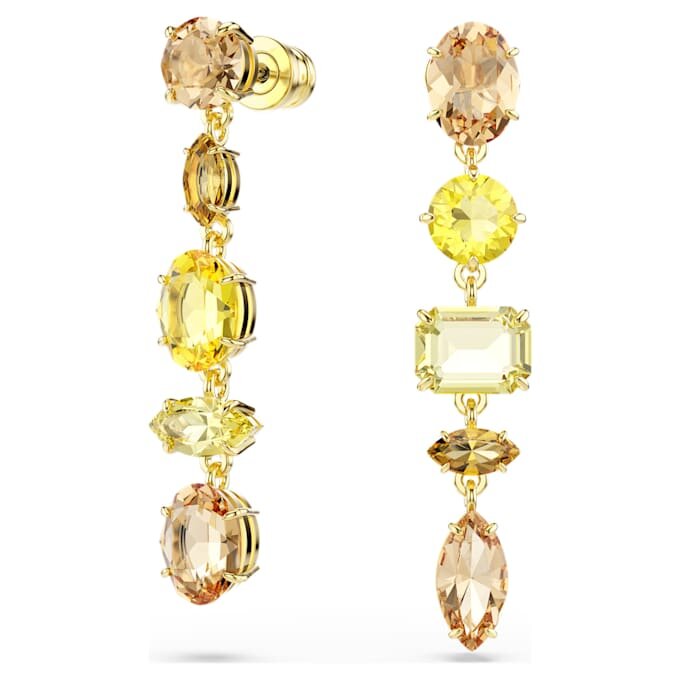 Orecchini pendenti Gema, design asimmetrico, tagli misti, lunghi, giallo, placcati in oro Orecchini pendenti Gema, design asimmetrico, tagli misti, lunghi, giallo, placcati in oro