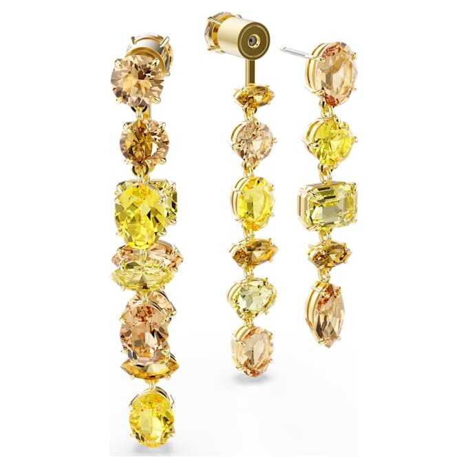 Orecchini pendenti Gema, design asimmetrico, tagli misti, lunghi, giallo, placcati in oro Orecchini pendenti Gema, design asimmetrico, tagli misti, lunghi, giallo, placcati in oro