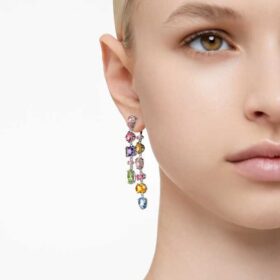 Orecchini pendenti Gema: design asimmetrico, tagli misti, lunghi, multicolori, placcati in rodio