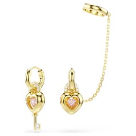 Orecchini pendenti Idyllia con ear cuff, tagli misti, cuore con chiave, rosa, placcati in oro