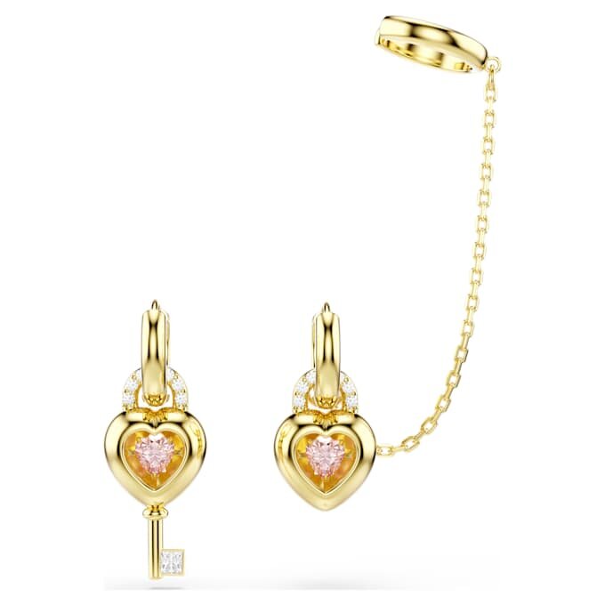 Orecchini pendenti Idyllia con ear cuff, tagli misti, cuore con chiave, rosa, placcati in oro Orecchini pendenti Idyllia con ear cuff, tagli misti, cuore con chiave, rosa, placcati in oro