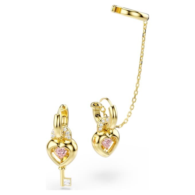 Orecchini pendenti Idyllia con ear cuff, tagli misti, cuore con chiave, rosa, placcati in oro Orecchini pendenti Idyllia con ear cuff, tagli misti, cuore con chiave, rosa, placcati in oro