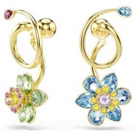 Orecchini pendenti Idyllia: design asimmetrico, tagli misti, a forma di fiore, multicolori, placcati in oro