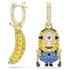 Orecchini pendenti Minions Stuart e Banana con pavé, mini, multicolori, placcati in oro