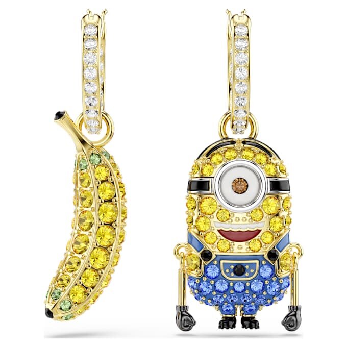 Orecchini pendenti Minions Stuart e Banana con pavé, mini, multicolori, placcati in oro Orecchini pendenti Minions Stuart e Banana con pavé, mini, multicolori, placcati in oro