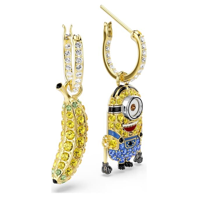 Orecchini pendenti Minions Stuart e Banana con pavé, mini, multicolori, placcati in oro Orecchini pendenti Minions Stuart e Banana con pavé, mini, multicolori, placcati in oro