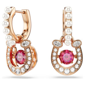 Orecchini pendenti Symbolica con perla di cristallo, taglio rotondo, pavé, a ferro di cavallo, rossi, placcati in oro rosa