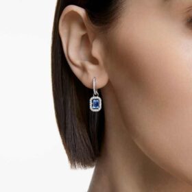 Orecchini pendenti Una con taglio ottagonale, blu, placcati in rodio