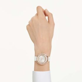 Orologio Crystalline Aura Swiss Made, cinturino in pelle, bianco, finitura color oro rosa