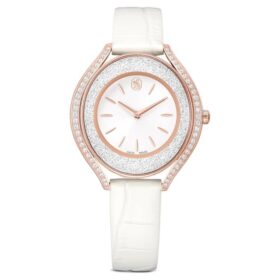 Orologio Crystalline Aura Swiss Made, cinturino in pelle, bianco, finitura color oro rosa
