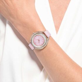 Orologio Crystalline Aura Swiss Made, cinturino in pelle, rosa, finitura color oro rosa