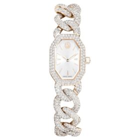 Orologio Dextera con catena Swiss Made, bracciale in cristalli, bianco, finitura color oro champagne