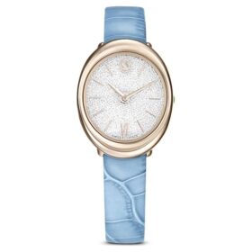 Orologio Imber ovale Swiss Made, cinturino in pelle, blu, finitura color oro champagne