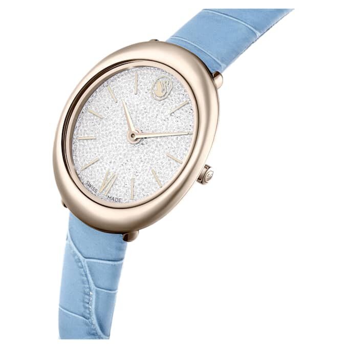 Orologio Imber ovale Swiss Made, cinturino in pelle, blu, finitura color oro champagne Orologio Imber ovale Swiss Made, cinturino in pelle, blu, finitura color oro champagne
