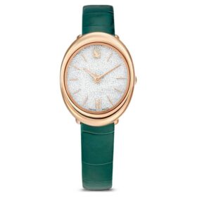 Orologio Imber ovale Swiss Made, cinturino in pelle, verde, finitura color oro rosa