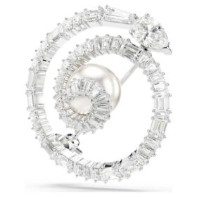 Spilla a forma di serpente con perla di cristallo, tagli misti, Anno del Serpente, bianco, placcata in rodio