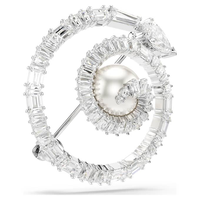 Spilla a forma di serpente con perla di cristallo, tagli misti, Anno del Serpente, bianco, placcata in rodio Spilla a forma di serpente con perla di cristallo, tagli misti, Anno del Serpente, bianco, placcata in rodio