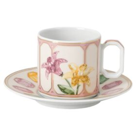 Tazza da caffè espresso Idyllia con piattino in porcellana, motivo stampato in cristallo, color limone, multicolore