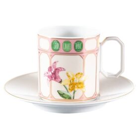 Tazza da caffè Idyllia con piattino in porcellana, motivo stampato in cristallo, fiori, multicolore