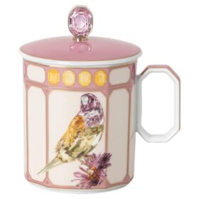 Tazza Idyllia in porcellana, motivo con cristalli, fringuello, rosa