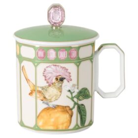 Tazza Idyllia in porcellana, motivo con stampa in cristallo, pigliamosche, verde